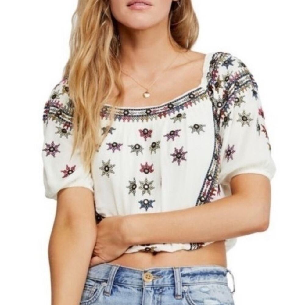 Free People White Embroidered Cropped Peasant Top with Multicolor Accents